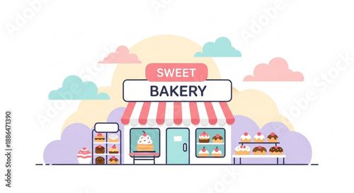 Cozy bakery storefront with pastel colors and sweet treats displayed  