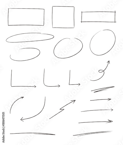 Photography A Set of Pencil thin line art, boxes, circles, arrows: Hand-drawn pencil crayon,