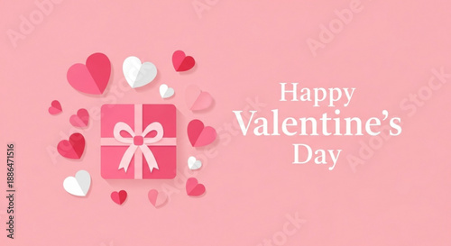 Valentine’s Day greeting card with hearts and gift on pink background  