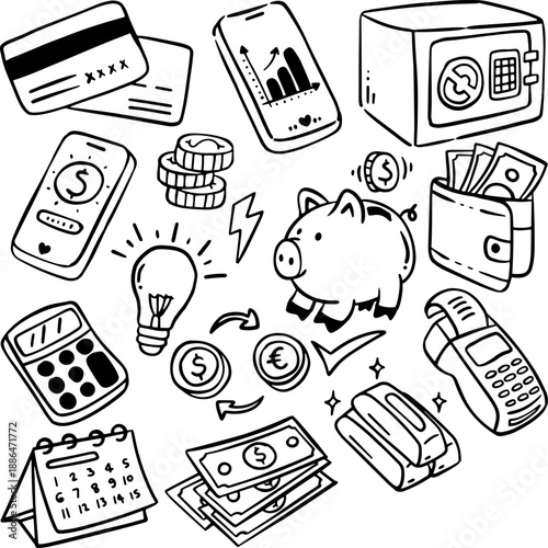 Finance and money saving doodle icons set. Business investment and banking line art collection.