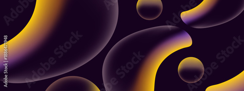 Amorphous glowing yellow and violet shapes floating in a dark minimalist space