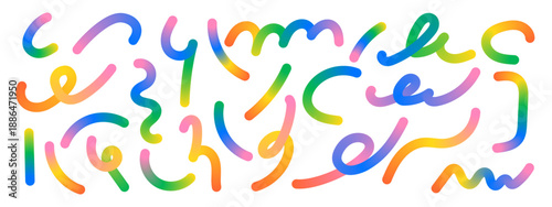 Colorful abstract swirl set. Wavy line ribbons and gradient pattern elements for playful backgrounds. Squiggly vector elements.