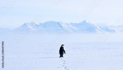 a lone penguin moving towards a mountains in wast antartica, disoriented and deranged 2007