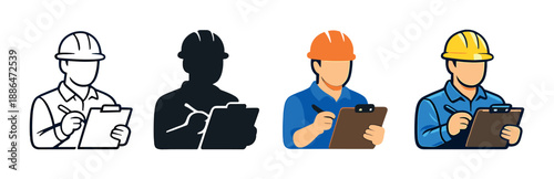 Vector set of construction worker icons with clipboard and safety helmet