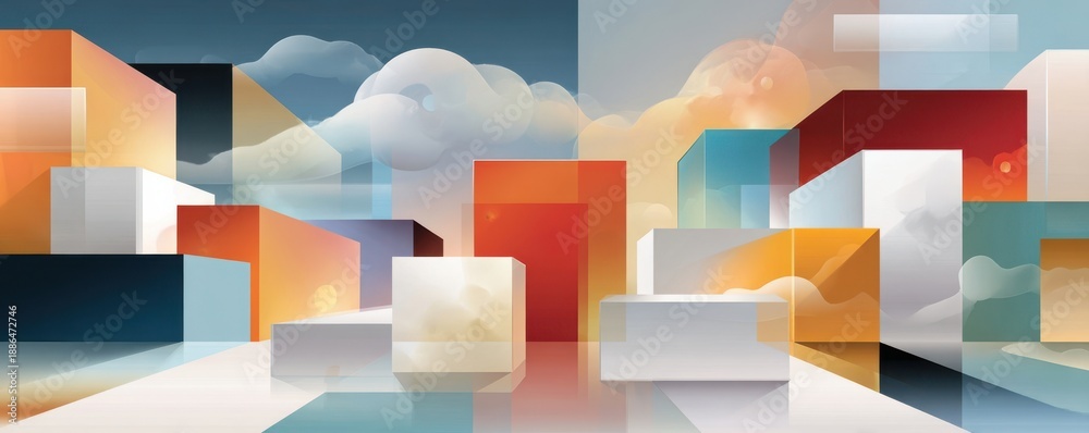 Obraz premium Diverse professionals stand on colorful stepping blocks in an abstract digital transformation scene