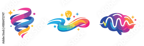 Colorful abstract symbols with lightbulb and brain on gradient background
