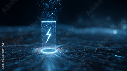 A high-tech 3D visualization of a futuristic holographic battery cell with a glowing blue lightning bolt symbol, constructed from shimmering particles on a digital circuit background.
