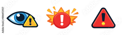 Colorful warning icons with eye, sun, and triangle on gradient background