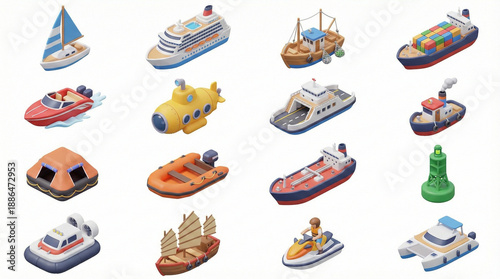 3D cartoon collection of marine water transportation vehicles and vessels including cruise ship, container ship, sailboat, submarine, ferry, and tugboat isolated on white background.