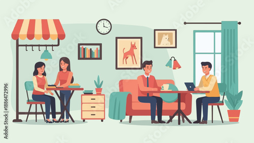 People enjoying a cozy cafe with art and a clock