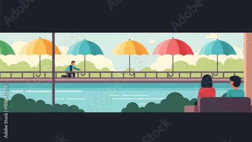 People enjoying a view by the water under umbrellas, with greenery