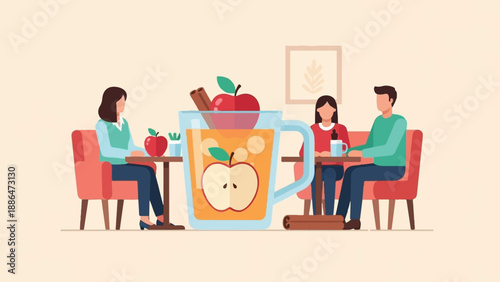 People enjoying apple cider with cinnamon in a cozy cafe setting
