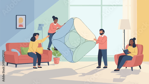 People assembling a large geometric structure in a living room