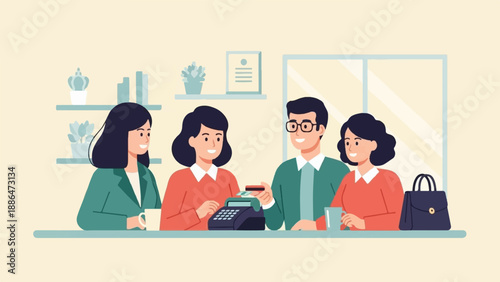 People at counter with payment terminal and plants