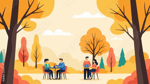 People enjoying autumn at tables outdoors amidst colorful trees and foliage