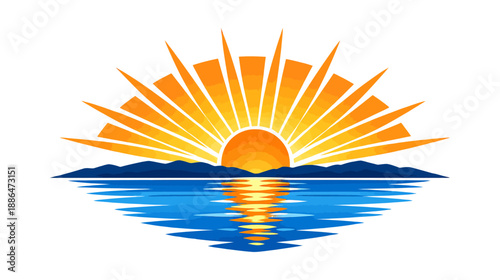 Stylized illustration of a sun over mountains depicting reflections on the water for nature and travel concepts