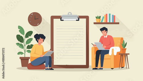 People at home, one sitting on floor, other on chair, both writing