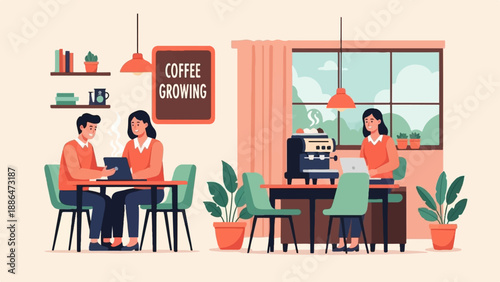 People enjoying coffee and working inside a bright cafe
