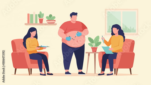 People attending to an obese individual receiving injections