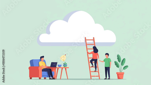 People climbing ladder to cloud, one working on laptop