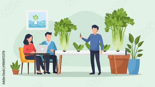 People collaborate on hydroponic garden project with laptop and plants