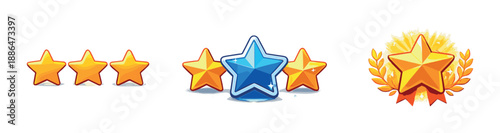 Colorful star rating icons with gold and blue star medals for achievement