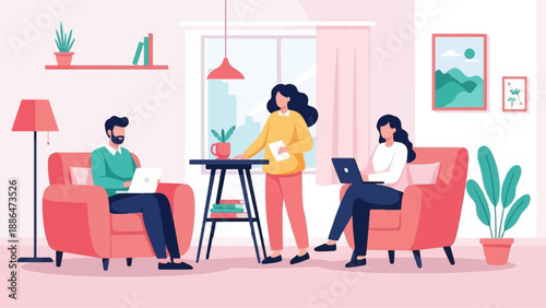 People collaborating on laptops in a stylish living room with art