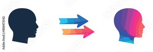 Abstract neon silhouette transformation with colorful arrows