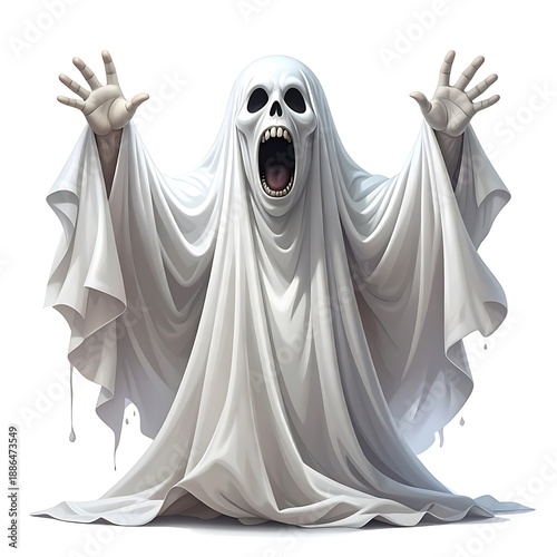 A white sheet ghost with raised hands and an open, screaming mouth on a white background