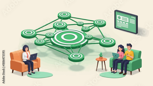 People connect on devices to a central network hub with digital display