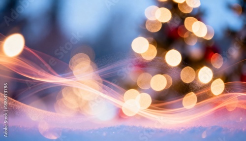Abstract festive Christmas background with glowing bokeh lights. Magical winter holiday scene with sparkling snow and light trails