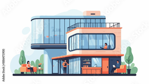 Modern building with people working and relaxing inside and outside