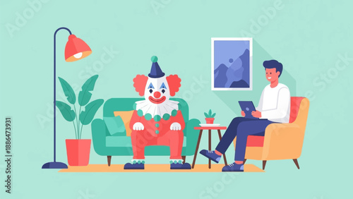Man using tablet on couch with clown beside him in living room