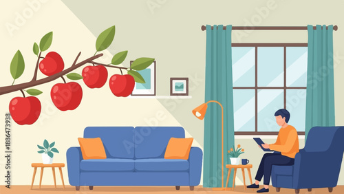 Man using tablet in cozy room with apples on a branch