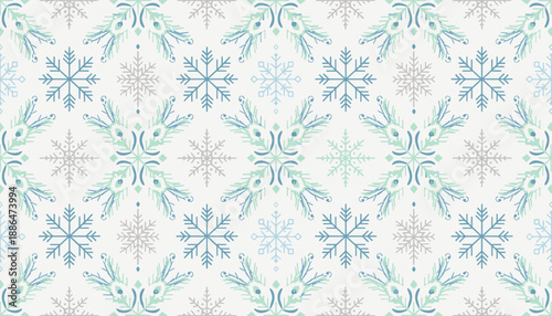 Seamless festive winter pattern Blue green and gray stylized snowflakes on white background