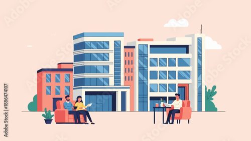 Modern buildings with people relaxing outside in a minimalist style