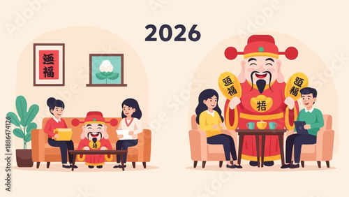 Festive gathering with cheerful people and deity figure for 2026
