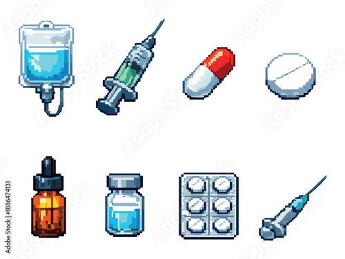 Pixel art medical items: iv, syringe, pills, dropper, vial, needle in glowing design