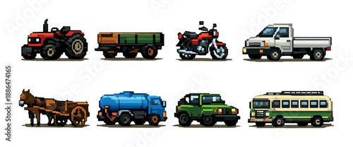 Pixel art vehicles collection: tractor, motorcycle, van, and more