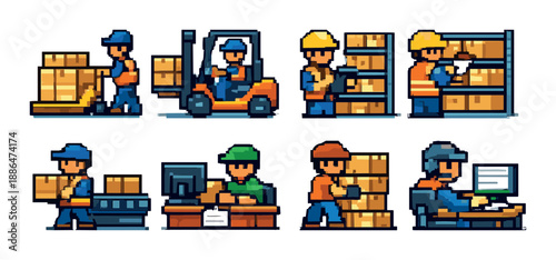 Pixel art warehouse workers sorting and packaging boxes in various positions