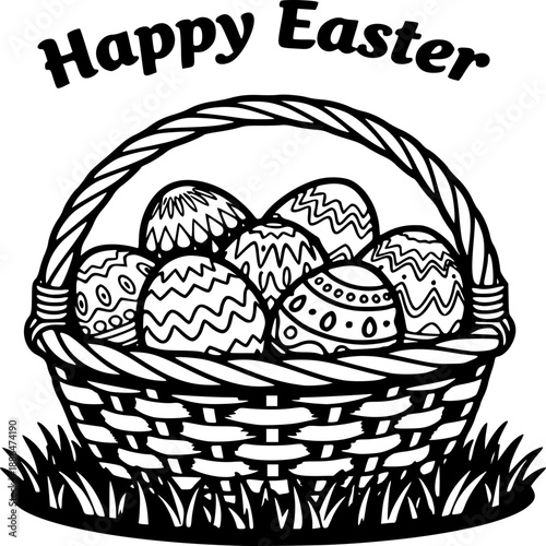 Basket with colorful Easter eggs and food items illustrated in a simple cartoon style for holiday breakfast design