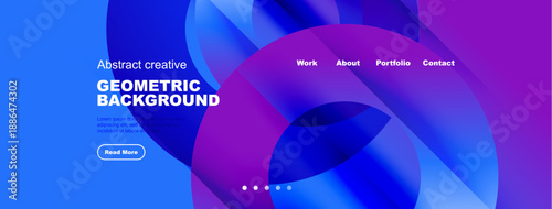 Abstract geometric design. Vibrant blue, purple gradients create modern visual impact. Text overlays promote website navigation.