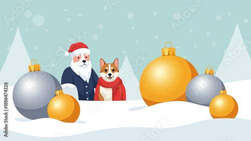 Festive Corgi and Santa with baubles in a snowy landscape