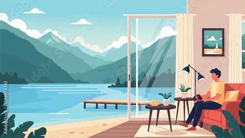Man relaxing indoors with scenic mountain and lake view