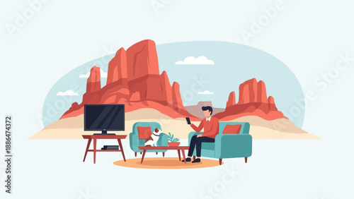 Man relaxing indoors with dog, watching TV against a desert landscape