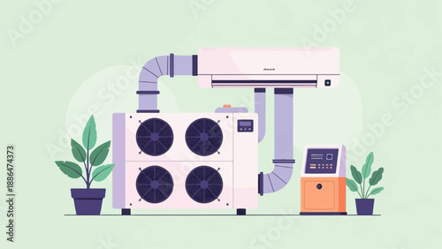 Modern climate control system with cooling units, fan, and plants