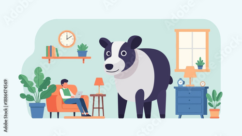 Man relaxes on couch with laptop as giant dog watches indoors