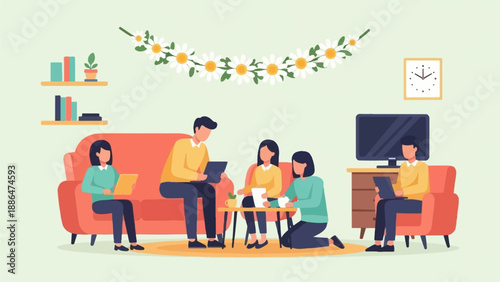 Family gathered indoors, interacting with devices and each other