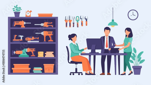 Office collaboration with tools on shelves and potted plants