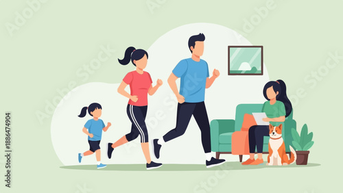 Family jogging together indoors, a woman sits with a dog